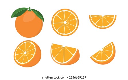 Set frischer Orangen. Orangefarbene Früchte einzeln auf weißem Hintergrund. Vektorgrafik für Design und Druck, Web