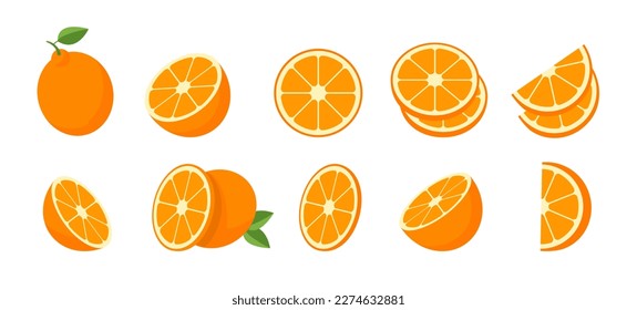 Set of fresh oranges. Orange fruit isolated on white background. Vector illustration for design and print 10 eps.