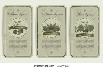Set of fresh organic, bio bottles labels. Vintage vector design. Fruit.