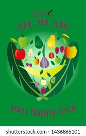 Set of fresh organic healthy fruits and vegetables, artistically laid out in shape of  face. Pattern on green background, text is your happy face. Vector illustration for market, logo, poster, banner.