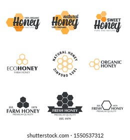 Set of Fresh Organic Honey logos and icons with honeycombs