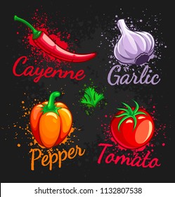 Set of fresh organic vegetables. Cherry tomato, cayenne pepper, garlic, chili and green parsley with grunge splashes. Eps10 vector illustration on dark background.