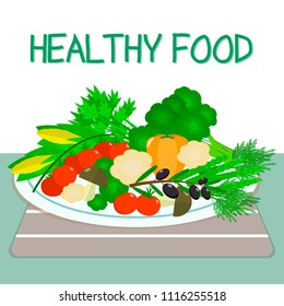 A set of fresh, organic vegetables on a white plate on a table with a striped napkin. Healthy food. Vector illustration, style is flat.