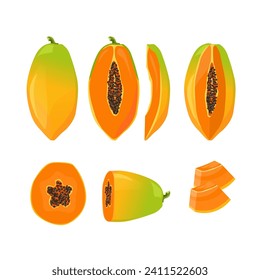 conjunto de ilustraciones de fruta fresca de papaya. fruta entera y media. conjunto de rodajas de papaya aisladas sobre fondo blanco.