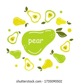 Set of fresh pears and halves around. Vector fruits on a white background. Vegetarian food.