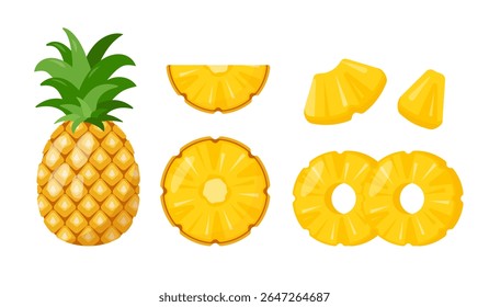 Set of fresh Pineapples fruit icons. Whole and half pineapple and pieces. Organic fruits for juice, smoothie or vitamin healthy food. Vector icons illustration isolated on white background.