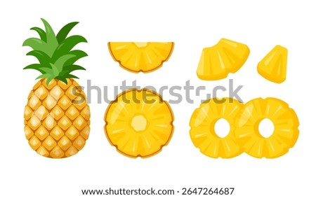 Set of fresh Pineapples fruit icons. Whole and half pineapple and pieces. Organic fruits for juice, smoothie or vitamin healthy food. Vector icons illustration isolated on white background.