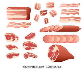 Set of fresh and prepared meat beef pork sausages bacon and steak meat products for a grocery store vector illustration on white background