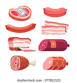 Set of fresh and prepared meat. Beef, pork, salted lard and bologna and salami sausages. Modern flat style realistic vector illustration icons isolated on white background.