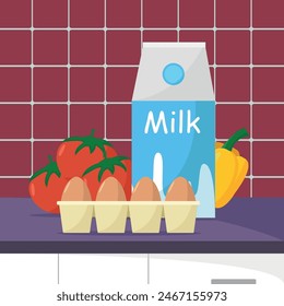 Set von frischen Produkten in der Küche. Milch, Eier, Tomaten, Paprika. Flacher Stil.