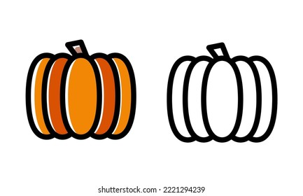 Set of fresh pumpkin in colorful and monochrome line art style. Natural vegetable with design elements isolated background. Cute vegetarian healthy food. Vector illustration