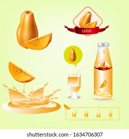 Set of fresh pumpkin juice, Fruit juice splash bottle set, pumpkin,  sticker design.Vector