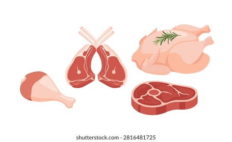 Set of fresh raw meat including lamb chops, a whole chicken, and a steak seasoned with a green herb garnish.
