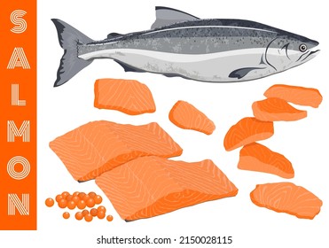 Set fresh raw trout salmon whole fish, caviar, sliced piece, ingredient of fillet steak, Scandinavian Norwegian food, sashimi sushi Japanese style, Pescetarian seafood cooking, healthy nutrition meal.