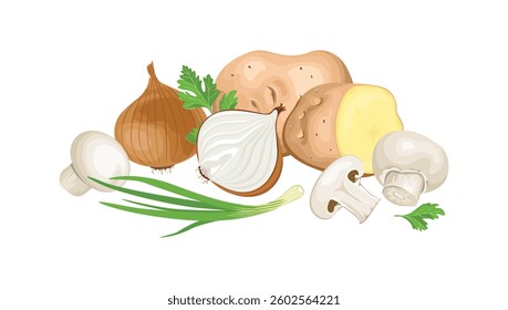 Set of fresh raw vegetable isolated on white background. Vector cartoon flat illustration. 
