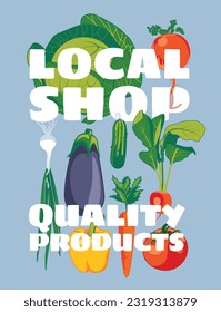 conjunto de verduras frescas en un fondo claro con texto grande. Publicidad de productos agrícolas, mercado natural. Ilustración plana del vector