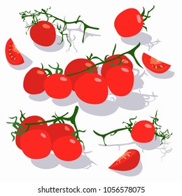 Set of Fresh Red Cherry Tomatoes. A branch of tomatoes, one tomato, slices. Isolated on white Background. 