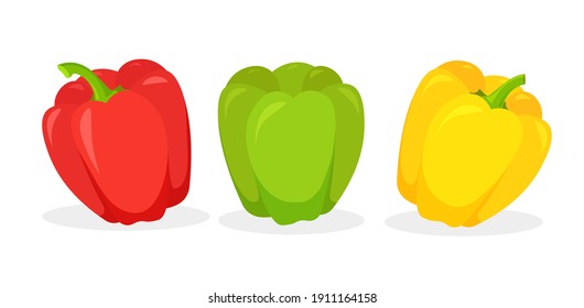 Set of fresh red, green and yellow bell pepper isolated on white background. Vegan food vector vegetable icons in a trendy cartoon style. Healthy food concept.