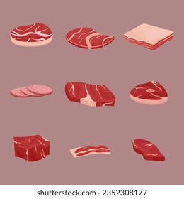 set of fresh red meat like beef, pork in cartoon style