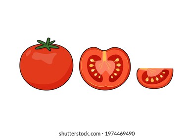 Set of fresh red ripe tomatoes isolated on a white background. Vector illustration in cartoon style - seasonal summer vegetables cherry tomatoes, cut into slices
