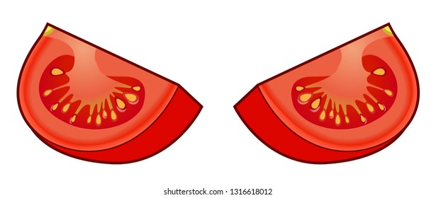 Set of fresh red tomato quarters with shadows and highlights isolated on white background top view.