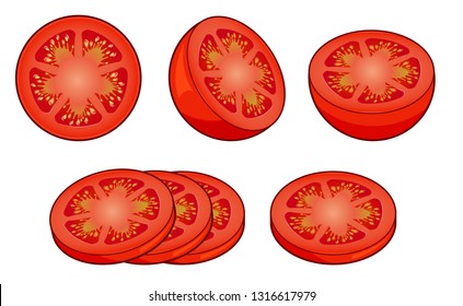 Set of fresh red tomato slices with shadows and highlights isolated on white background top view.