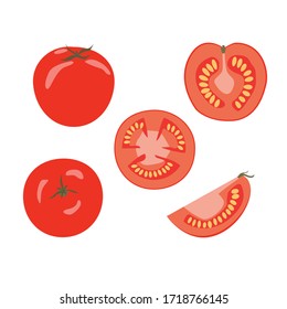 Set of fresh red tomatoes isolated on the white background. Half a tomato, a slice of tomato, cherry tomato. Vector stock illustration in the cartoon style.