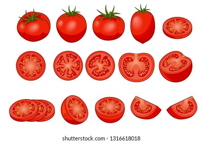 Set of fresh red tomatos with shadows and highlights isolated on white background top view. Whole, slice, half, quarter.