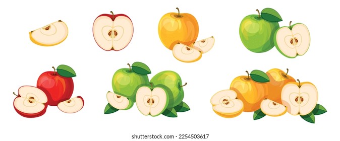 Set of fresh red, yellow and green apples in cartoon style. Vector illustration of tasty fruits whole and cut, large and small sizes with leaves isolated on white background.