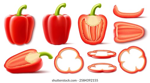 Set of fresh ripe bell peppers isolated on white background. Whole, halved and cut veg pieces, circles and stems. Raw vegetables. Sweet paprika. Realistic 3d vector illustration.