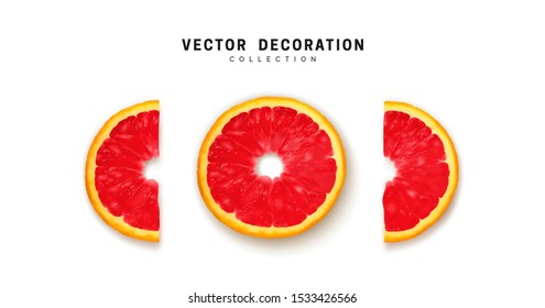 Set of fresh ripe, slices flat view. half cut red grapefruit. Realistic vector isolated on white background.