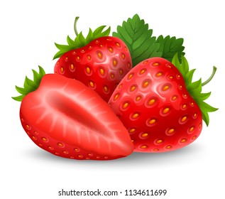 Set of fresh ripe strawberry. Whole clean and glossy berries with leaves and slice. Vector realistic illustration. Isolated on white background.