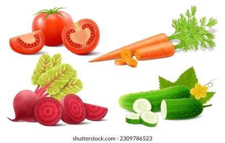 Conjunto de verduras frescas maduras de tomate, zanahoria, pepino y remolacha. Ilustración vectorial 3d realista aislada en el fondo blanco. Puede utilizarse como diseño de envases, pancarta o publicidad de alimentos