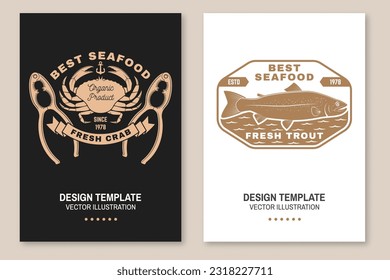 Set of fresh seafood retro poster, banner with fresh trout, crab and crab Cracker. Vector illustration. For seafood emblem, sign, patch, shirt, menu restaurants, fish markets, stores with trout, crab