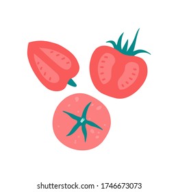 Eine Auswahl an frischen und geschnittenen Tomaten, Bio-Gemüse. Vector Illustration flachen Cartoon Stil auf isolierten weißen Hintergrund. 