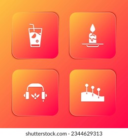 Set Fresh smoothie, Aroma candle, Headphones for meditation and Acupuncture therapy icon. Vector