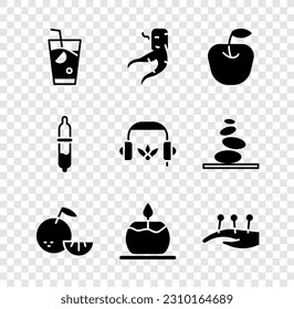 Set Fresh smoothie, Ginger root, Apple, Citrus fruit, Aroma candle, Acupuncture therapy, Pipette and Headphones for meditation icon. Vector