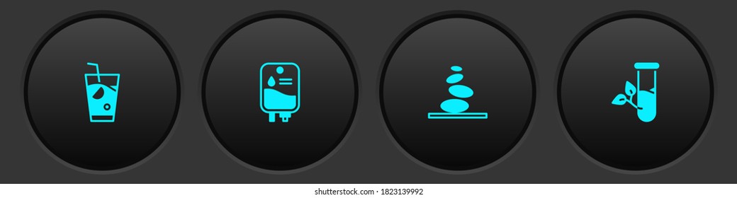 Set Fresh smoothie, IV bag, Stack hot stones and Laboratory glass and leaves icon. Vector.