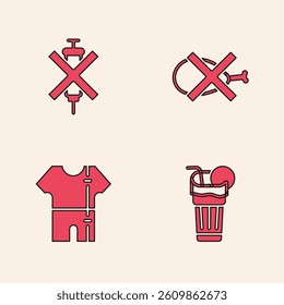 Set Fresh smoothie, No doping syringe, meat and Sport track suit icon. Vector
