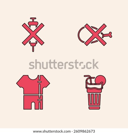Set Fresh smoothie, No doping syringe, meat and Sport track suit icon. Vector