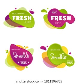 Set of fresh and smoothie vector label. Bright and shine stickers, labels, tags and banners. For badges of fresh market, detox, farmers market, eco shop, smoothies drinks, juice cafe, green bar