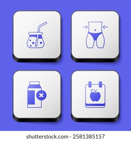 Set Fresh smoothie, Women waist, Lactose intolerance and Diet plan icon. White square button. Vector