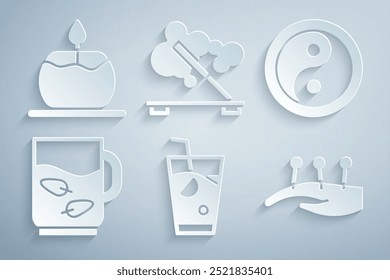 Set Fresh smoothie, Yin Yang, Cup of tea and leaf, Acupuncture therapy, Scented spa stick and Aroma candle icon. Vector