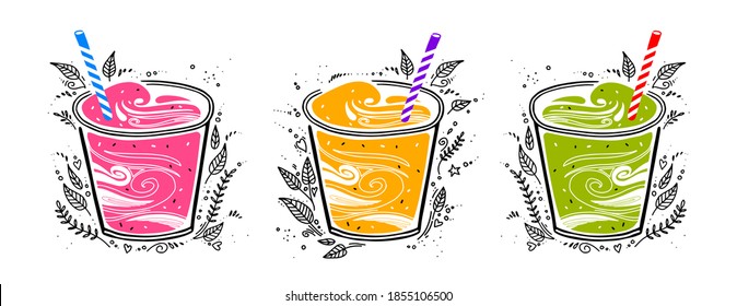 Fijación, suavidades frescas en diferentes colores. Superalimentos y el concepto de alimentos para la dieta de la salud o desintoxicación en el estilo de doodle. Cóctel hipsters en un vaso con paja.