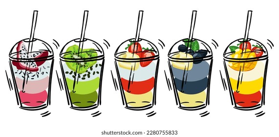 set of fresh smoothies. Refreshing natural vegan fruit cocktail in cups. Isolated fresh drink for a healthy diet. Vector mixed cocktail in a glass with straw, berries and fruits collection of sketches