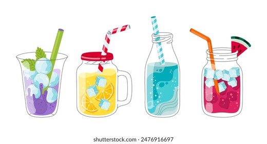 Set of fresh smoothies and sparkling drinks. Delicious soft drinks, fruit juices and mixed cocktails in different glasses. Refreshing beverages. Vector illustration for logo, marketing, banner.
