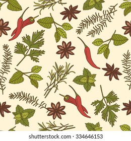 Set of fresh spices and herbs hand drawn seamless pattern. Design background vector. Colorful illustration with vegetables icons. Decorative wallpaper, good for printing
