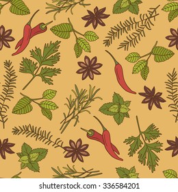 Set of fresh spices and herbs hand drawn seamless pattern. Design background vector. Colorful illustration with vegetables icons. Decorative wallpaper, good for printing