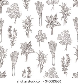 Set of fresh spices and herbs hand drawn seamless pattern. Design background vector. Black and white illustration with vegetables icons. Decorative wallpaper, good for printing