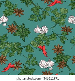 Set of fresh spices and herbs hand drawn seamless pattern. Design background vector. Colorful illustration with vegetables icons. Decorative wallpaper, good for printing